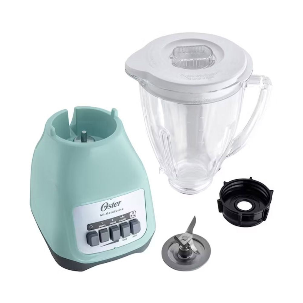 Licuadora Oster Celeste 550W BLSTKAG VPB 053 | Vaso de Vidrio 1.5L, Cuchilla Trituradora de Hielo, 2 Velocidades + Pulsador
