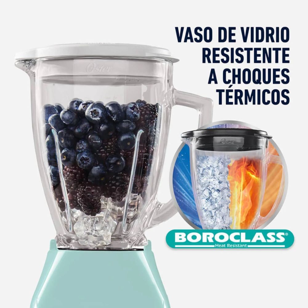 Licuadora Oster Celeste 550W BLSTKAG VPB 053 | Vaso de Vidrio 1.5L, Cuchilla Trituradora de Hielo, 2 Velocidades + Pulsador