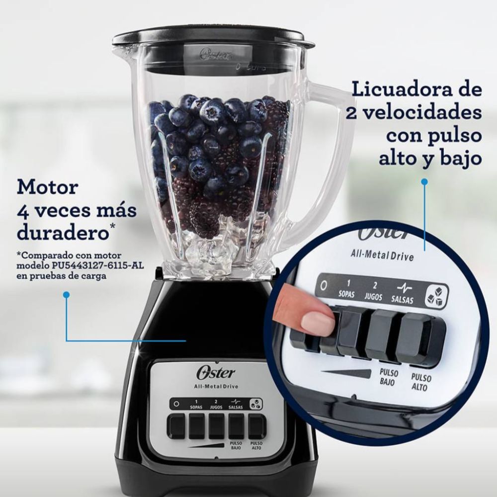 Licuadora Oster 550W BLSTKAG BPB 053 | Vaso de Vidrio 1.5L, 2 Velocidades + Pulsador, Acople Metálico